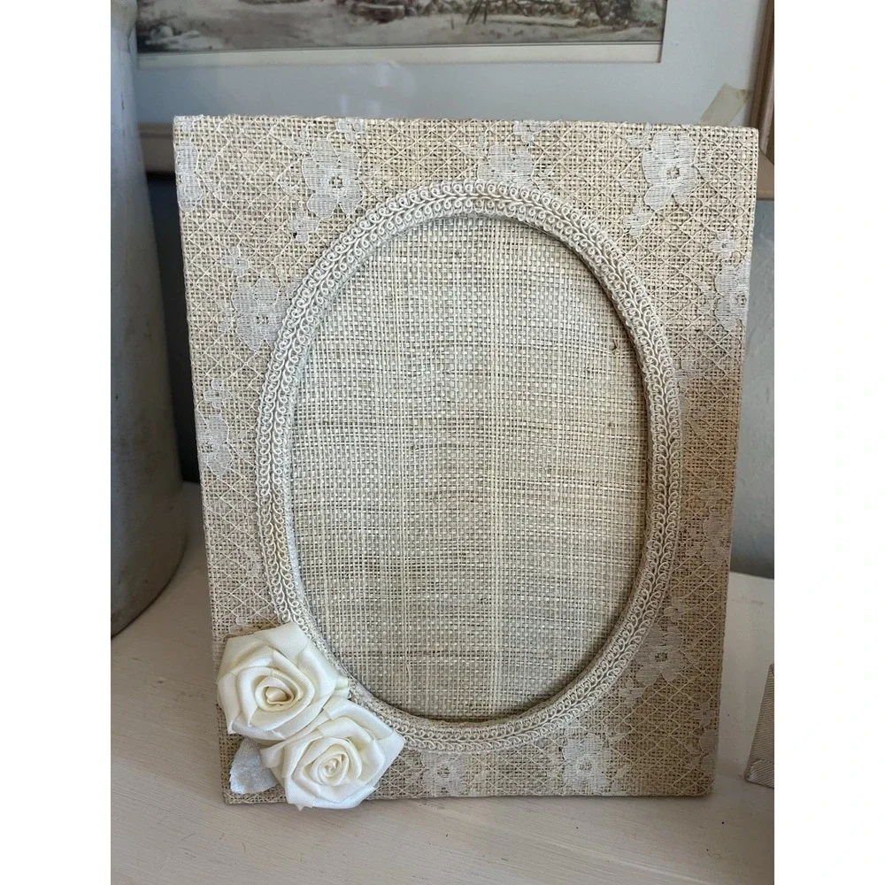 Victorian Shabby Romantic Photo Picture Frame Set Burlap Lace Lenox Porcelain